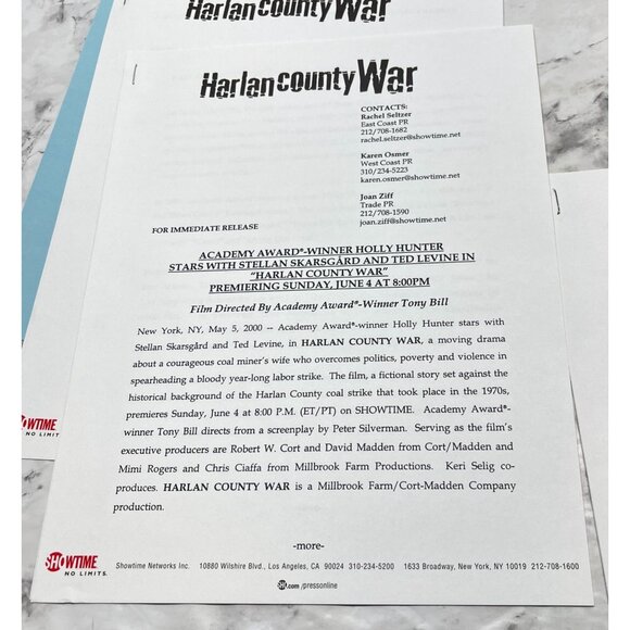 Harlan County Movie Press Kit Showtime War 2000 Holly Hunter Stellan Skarsgard - Picture 8 of 9